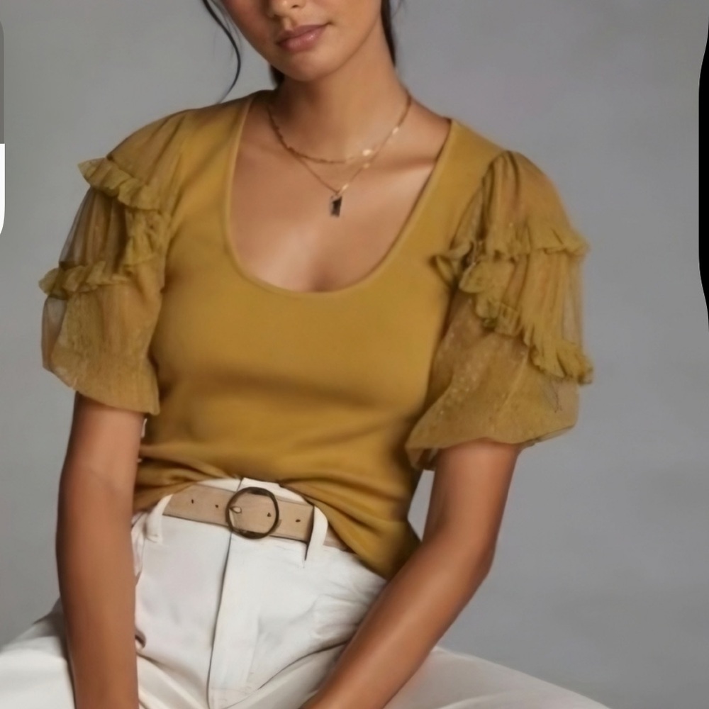 Maeve by Anthropologie Boho Mustard Chiffon Ruffle Sleeve Ribbed Knit Blouse XS